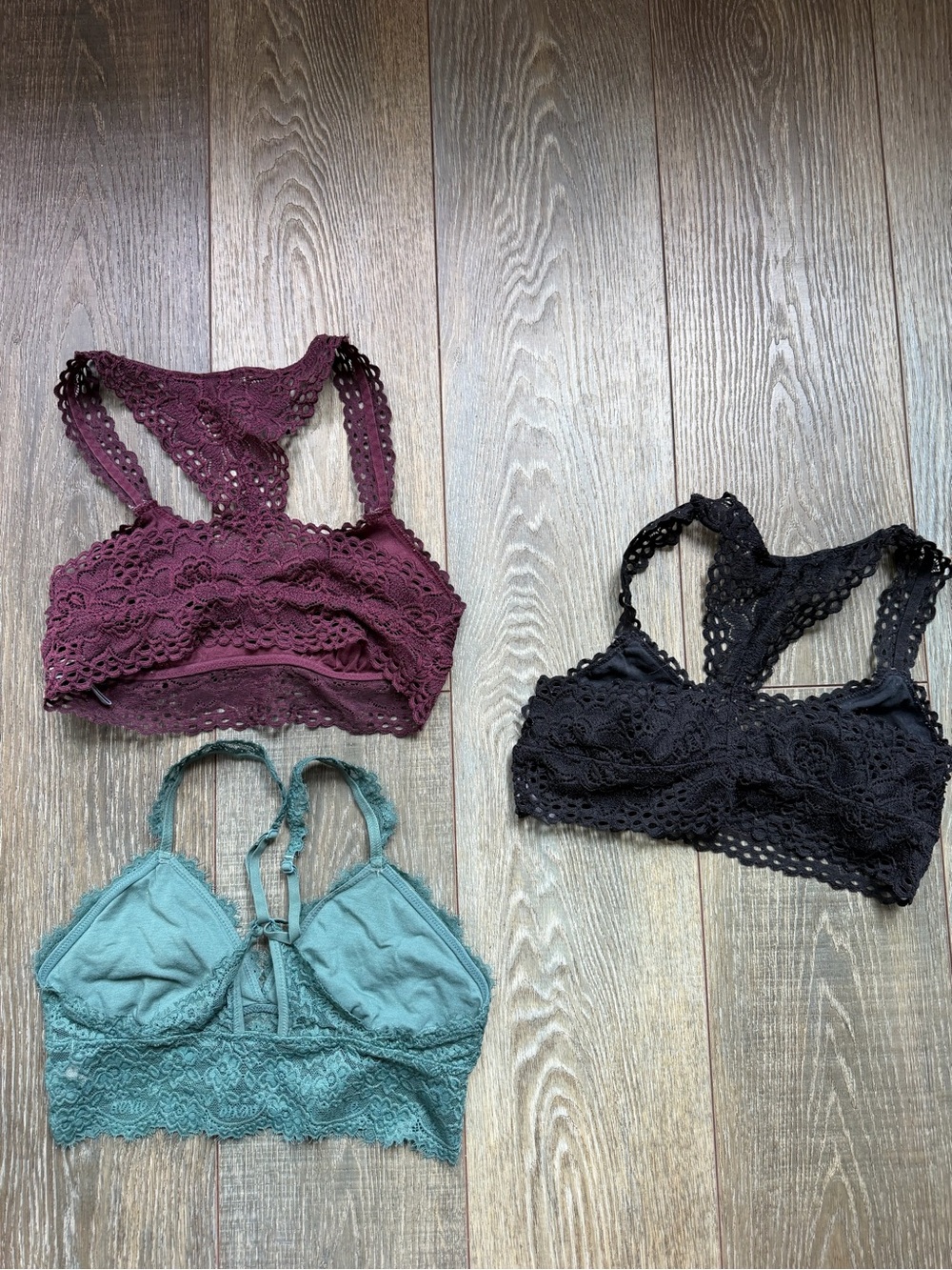 Aerie Lace Racerback Bralette Trio - Black, Plum, Teal size Small - Picture 2 of 5